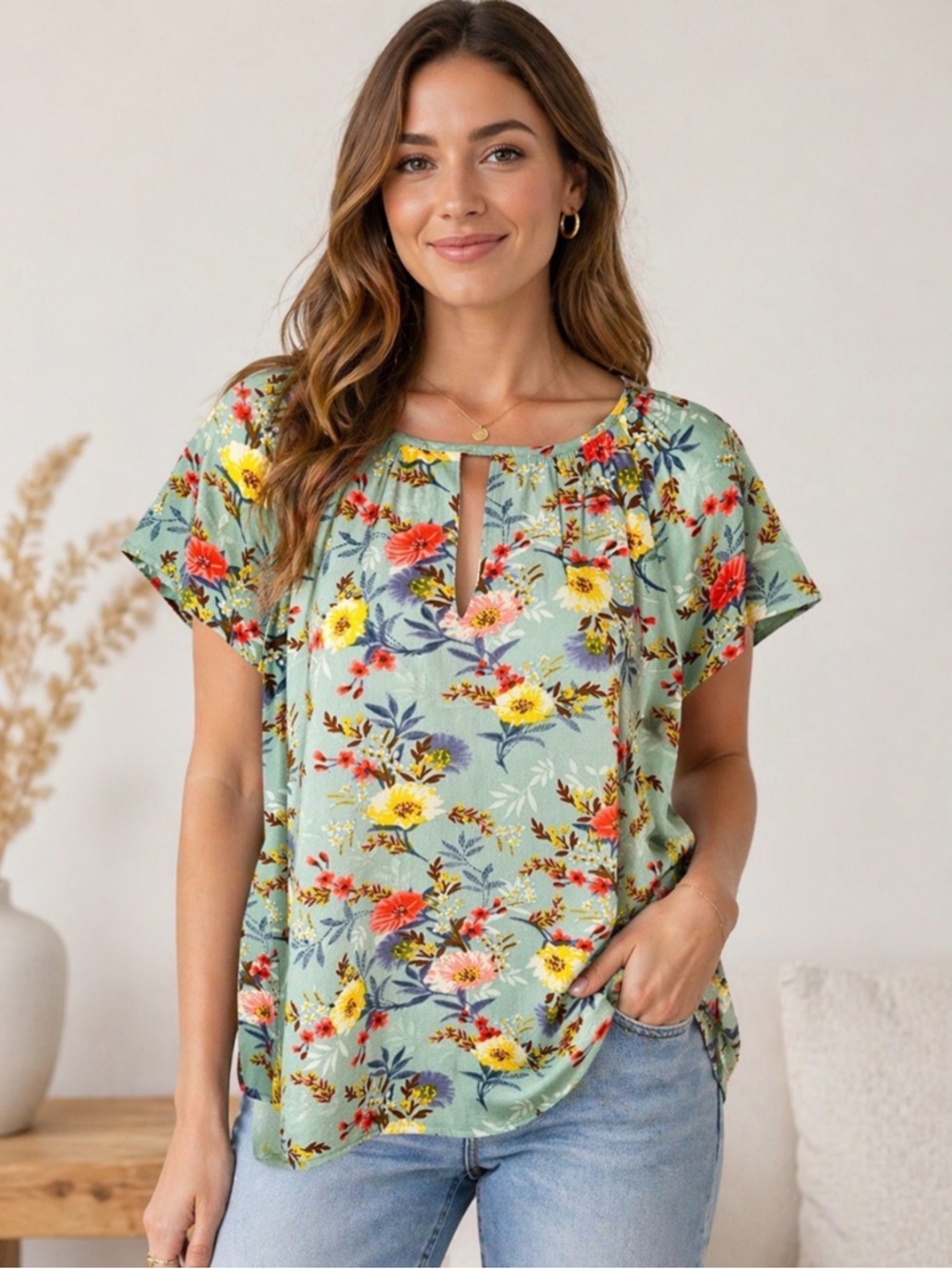 Fun2Fun Floral Flutter Sleeve Cutout Back Blouse Muted Green Multicolor M